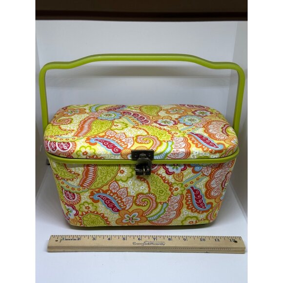Vintage Multicolor Paisley Fabric Sewing Basket Lockable Lid Retro Craft Storage - Picture 6 of 6